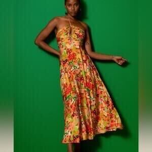 Carolina K Yellow Multicolor Floral Halter Sleeveless Cutout Midi Dress Size S